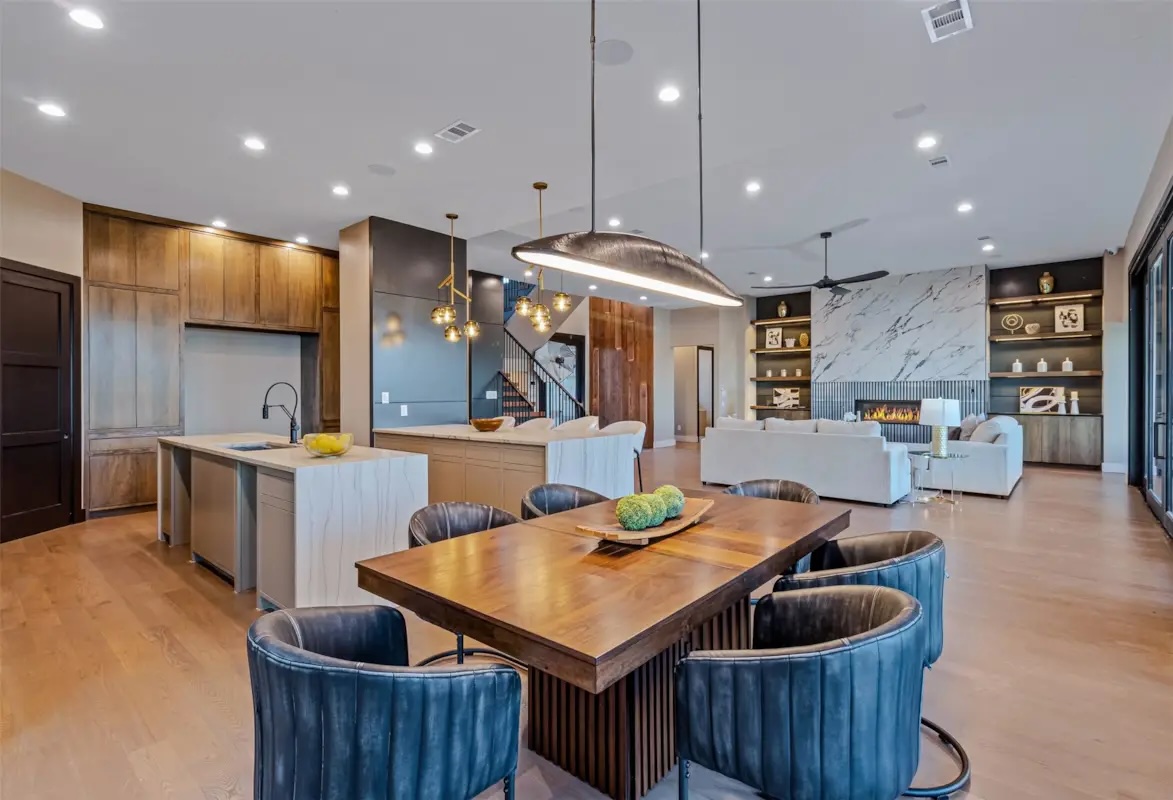 Open-concept living and dining space in a luxury Rockwall County, TX home
