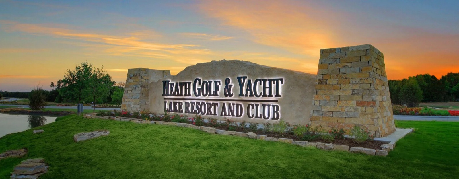 Heath Golf & Yacht Lake Resort and Club entrance at sunset in Heath, TX