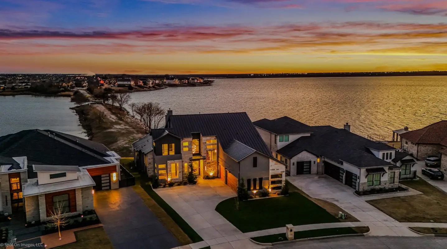 Luxury lakefront home at sunset on Lake Ray Hubbard, Rockwall County, TX